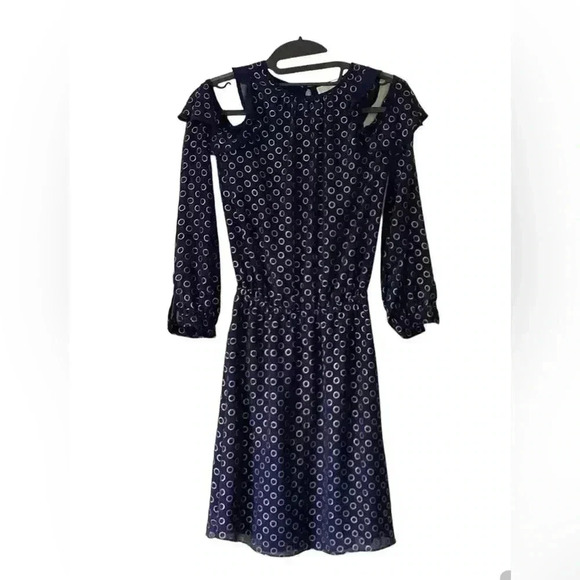 Michael Kors Navy&  Gold Geometric Print Cold Shoulder Mini Dress Size XXS - Picture 1 of 13